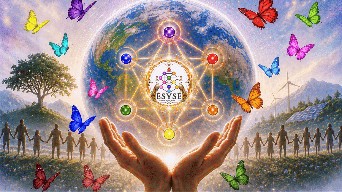 Animated ESYSE SOMOS FOUNDATION background with globe, butterflies, and connected light network